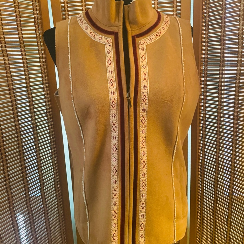 Christopher & Banks Tan Faux Suede Vest with Burgundy and Beige Embroidered Trim